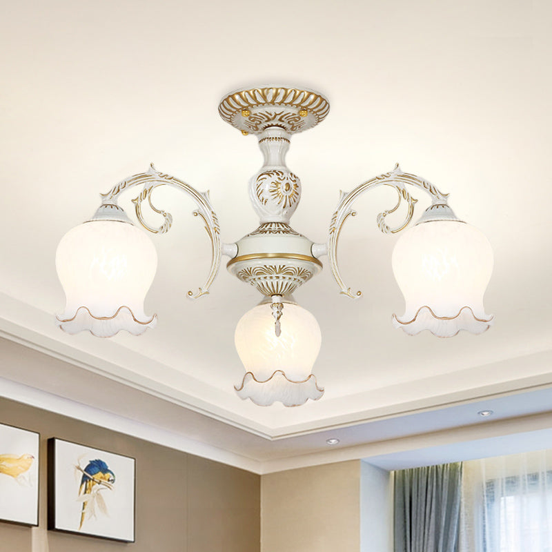 Flower Living Room Semi Flush Rustic White Glass 3/5/6 Bulbs Beige Flush Mount Light Fixture 3 White Clearhalo 'Ceiling Lights' 'Close To Ceiling Lights' 'Close to ceiling' 'Glass shade' 'Glass' 'Pendant Lights' 'Semi-flushmount' Lighting' 802200