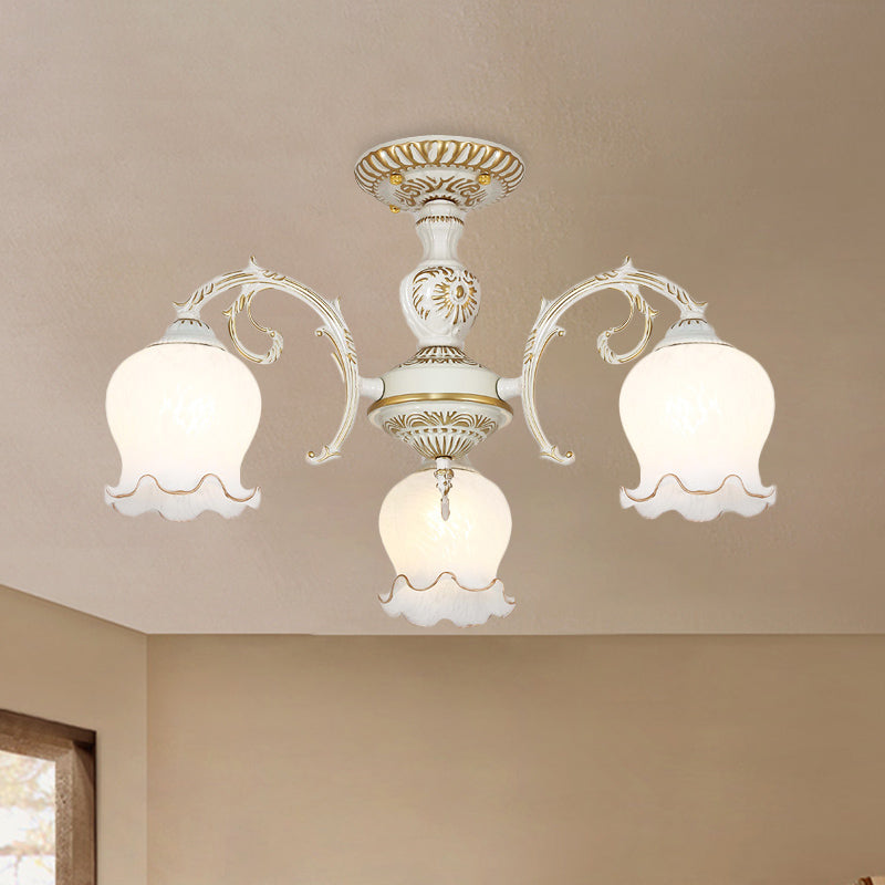 Flower Living Room Semi Flush Rustic White Glass 3/5/6 Bulbs Beige Flush Mount Light Fixture Clearhalo 'Ceiling Lights' 'Close To Ceiling Lights' 'Close to ceiling' 'Glass shade' 'Glass' 'Pendant Lights' 'Semi-flushmount' Lighting' 802201