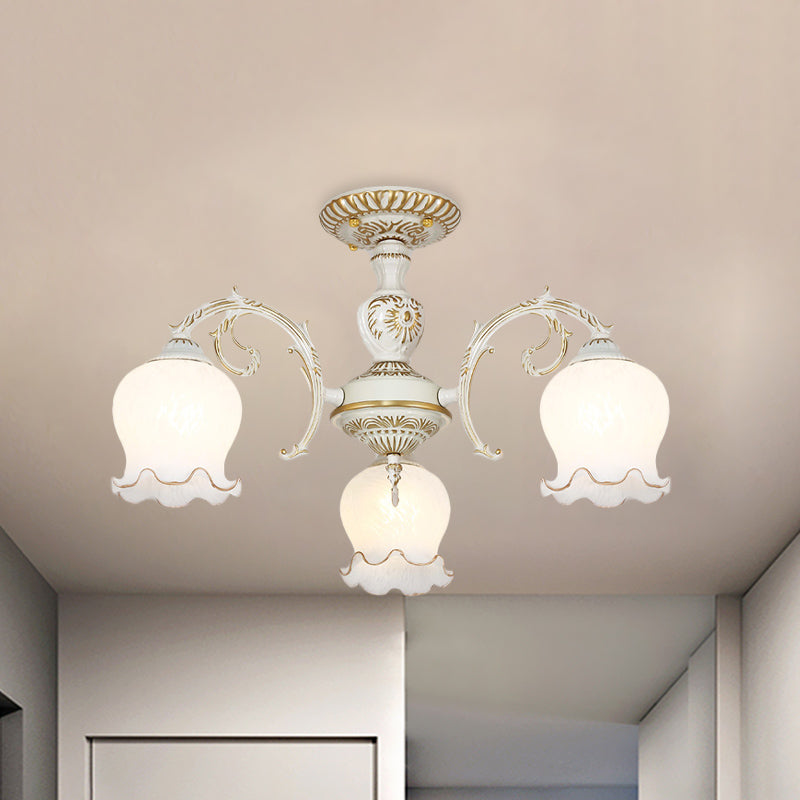 Flower Living Room Semi Flush Rustic White Glass 3/5/6 Bulbs Beige Flush Mount Light Fixture Clearhalo 'Ceiling Lights' 'Close To Ceiling Lights' 'Close to ceiling' 'Glass shade' 'Glass' 'Pendant Lights' 'Semi-flushmount' Lighting' 802202