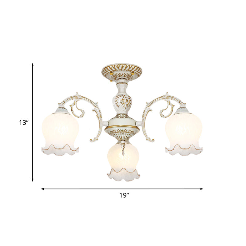 Flower Living Room Semi Flush Rustic White Glass 3/5/6 Bulbs Beige Flush Mount Light Fixture Clearhalo 'Ceiling Lights' 'Close To Ceiling Lights' 'Close to ceiling' 'Glass shade' 'Glass' 'Pendant Lights' 'Semi-flushmount' Lighting' 802204