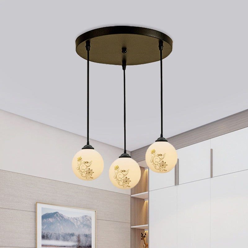 Black Sphere Multi Ceiling Lamp Modernism White Printing Glass 3-Light Dining Room Pendant with Round/Linear Canopy White B Round Clearhalo 'Ceiling Lights' 'Close To Ceiling Lights' 'Glass shade' 'Glass' 'Pendant Lights' 'Pendants' Lighting' 802312
