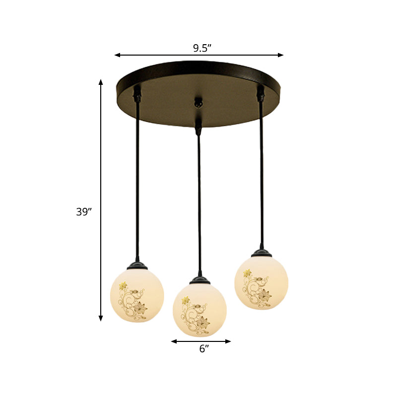 Black Sphere Multi Ceiling Lamp Modernism White Printing Glass 3-Light Dining Room Pendant with Round/Linear Canopy Clearhalo 'Ceiling Lights' 'Close To Ceiling Lights' 'Glass shade' 'Glass' 'Pendant Lights' 'Pendants' Lighting' 802315