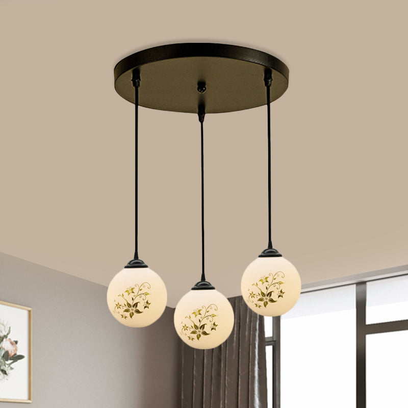 Black Sphere Multi Ceiling Lamp Modernism White Printing Glass 3-Light Dining Room Pendant with Round/Linear Canopy White A Round Clearhalo 'Ceiling Lights' 'Close To Ceiling Lights' 'Glass shade' 'Glass' 'Pendant Lights' 'Pendants' Lighting' 802316