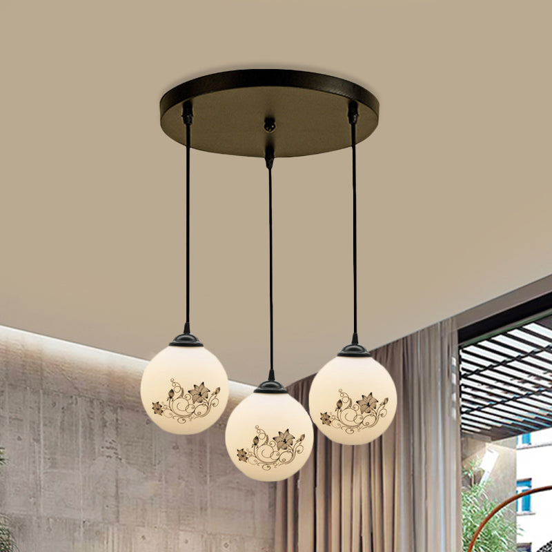 Black Sphere Multi Ceiling Lamp Modernism White Printing Glass 3-Light Dining Room Pendant with Round/Linear Canopy White D Round Clearhalo 'Ceiling Lights' 'Close To Ceiling Lights' 'Glass shade' 'Glass' 'Pendant Lights' 'Pendants' Lighting' 802320