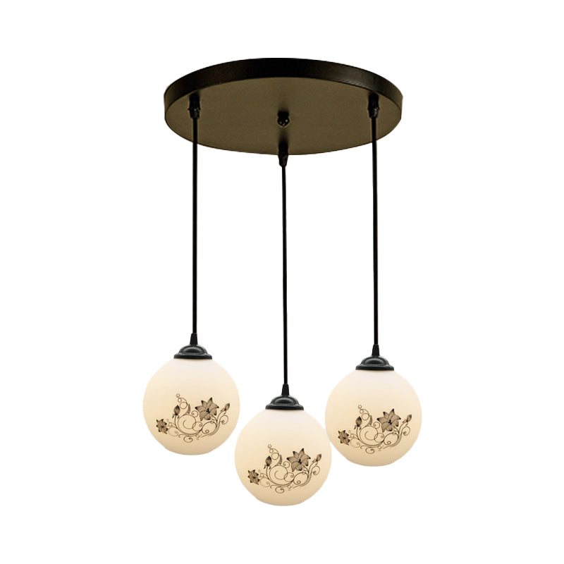 Black Sphere Multi Ceiling Lamp Modernism White Printing Glass 3-Light Dining Room Pendant with Round/Linear Canopy Clearhalo 'Ceiling Lights' 'Close To Ceiling Lights' 'Glass shade' 'Glass' 'Pendant Lights' 'Pendants' Lighting' 802323