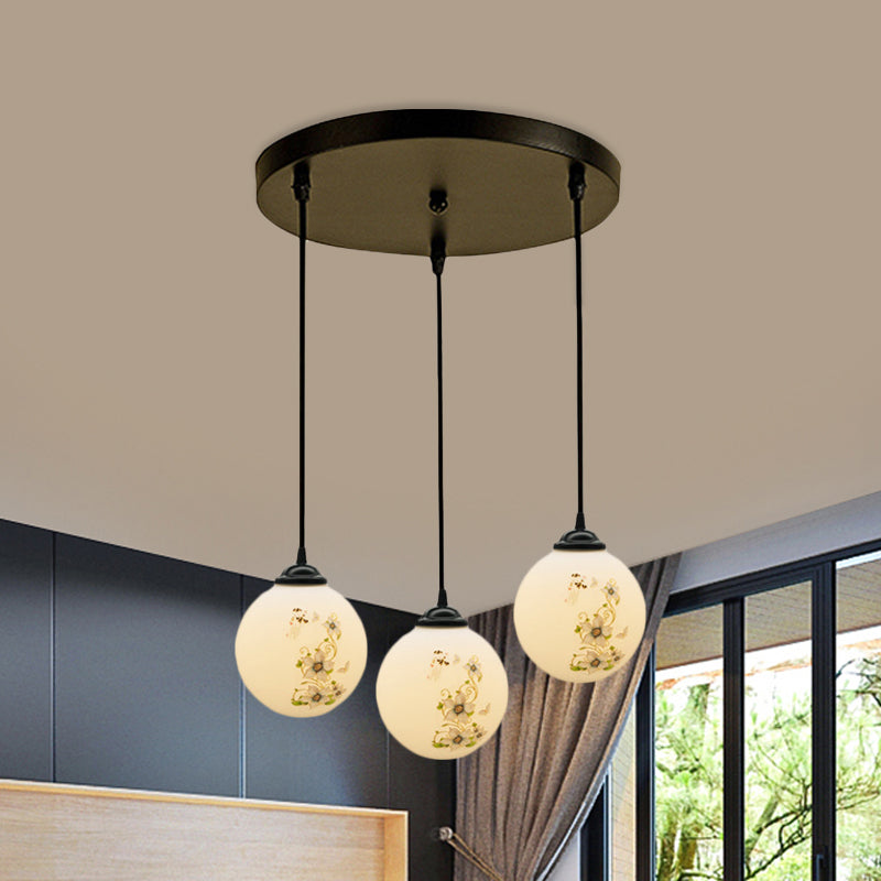 Black Sphere Multi Ceiling Lamp Modernism White Printing Glass 3-Light Dining Room Pendant with Round/Linear Canopy White C Round Clearhalo 'Ceiling Lights' 'Close To Ceiling Lights' 'Glass shade' 'Glass' 'Pendant Lights' 'Pendants' Lighting' 802324