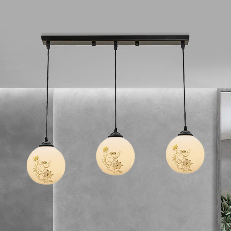 Black Sphere Multi Ceiling Lamp Modernism White Printing Glass 3-Light Dining Room Pendant with Round/Linear Canopy White B Linear Clearhalo 'Ceiling Lights' 'Close To Ceiling Lights' 'Glass shade' 'Glass' 'Pendant Lights' 'Pendants' Lighting' 802328