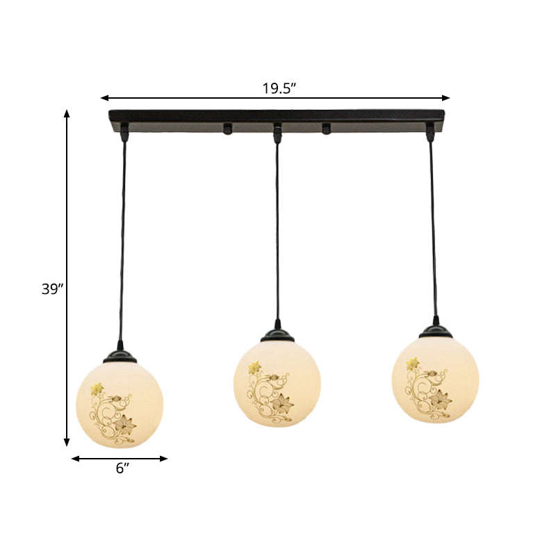 Black Sphere Multi Ceiling Lamp Modernism White Printing Glass 3-Light Dining Room Pendant with Round/Linear Canopy Clearhalo 'Ceiling Lights' 'Close To Ceiling Lights' 'Glass shade' 'Glass' 'Pendant Lights' 'Pendants' Lighting' 802332