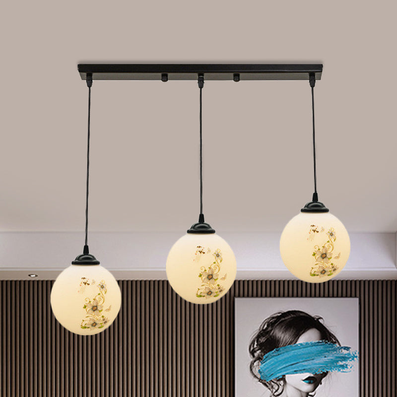Black Sphere Multi Ceiling Lamp Modernism White Printing Glass 3-Light Dining Room Pendant with Round/Linear Canopy White C Linear Clearhalo 'Ceiling Lights' 'Close To Ceiling Lights' 'Glass shade' 'Glass' 'Pendant Lights' 'Pendants' Lighting' 802341