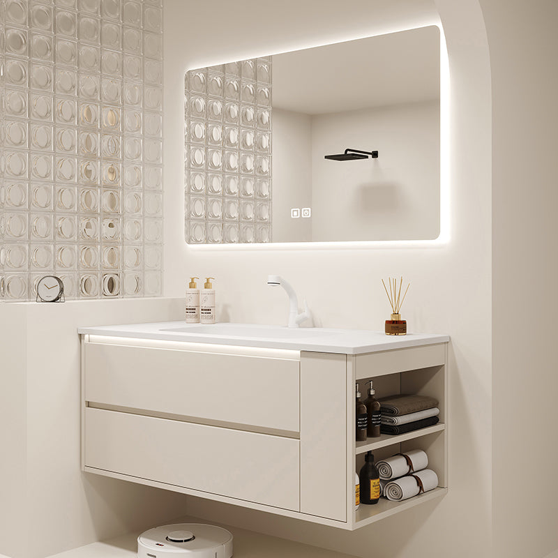 Mirror Included Wall Mount Bathroom Sink Vanity in White with Doors Drawers Vanity & Faucet & Square Mirror 43.3"L x 19.7"W x 19.7"H Clearhalo 'Bathroom Remodel & Bathroom Fixtures' 'Bathroom Vanities' 'bathroom_vanities' 'Home Improvement' 'home_improvement' 'home_improvement_bathroom_vanities' 8026158