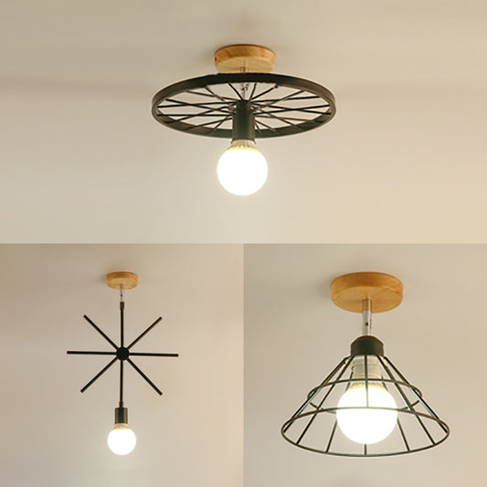 1 Light Cone/Sputnik Design Semi Flush Mount Light Industrial Stylish Black Metal Ceiling Light Fixture with Open Cage Clearhalo 'Ceiling Lights' 'Close To Ceiling Lights' 'Close to ceiling' 'Semi-flushmount' Lighting' 80521