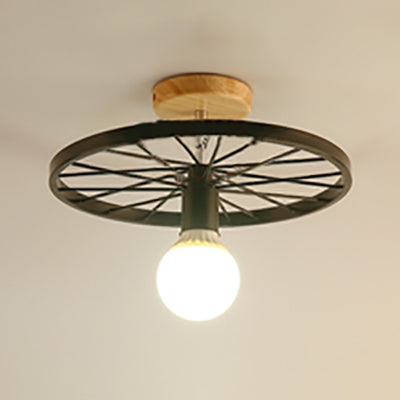 1 Light Cone/Sputnik Design Semi Flush Mount Light Industrial Stylish Black Metal Ceiling Light Fixture with Open Cage Black Wheel Clearhalo 'Ceiling Lights' 'Close To Ceiling Lights' 'Close to ceiling' 'Semi-flushmount' Lighting' 80522