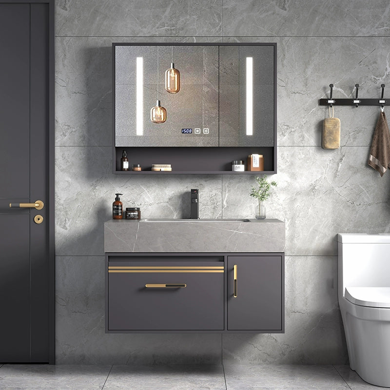 Modern Wall Mount Wood Bathroom Vanity Set in Grey with Mirror Doors 31.5"L x 20"W x 22"H Stone Clearhalo 'Bathroom Remodel & Bathroom Fixtures' 'Bathroom Vanities' 'bathroom_vanities' 'Home Improvement' 'home_improvement' 'home_improvement_bathroom_vanities' 8052248