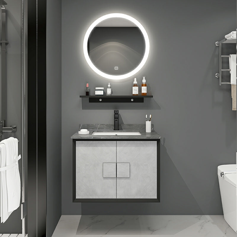 Modern Wall Mount Stone Bathroom Vanity Set with Doors Mirror Vanity & Faucet & Round Mirror 27.5"L x 20"W x 22"H Clearhalo 'Bathroom Remodel & Bathroom Fixtures' 'Bathroom Vanities' 'bathroom_vanities' 'Home Improvement' 'home_improvement' 'home_improvement_bathroom_vanities' 8052280