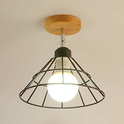 1 Light Cone/Sputnik Design Semi Flush Mount Light Industrial Stylish Black Metal Ceiling Light Fixture with Open Cage Black Cone Clearhalo 'Ceiling Lights' 'Close To Ceiling Lights' 'Close to ceiling' 'Semi-flushmount' Lighting' 80524