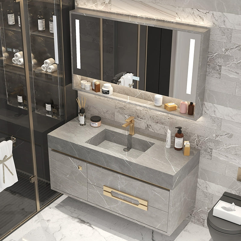 Single Sink Bathroom Vanity Wall Mount 2 Drawers Stone Rectangular with Mirror Gray Clearhalo 'Bathroom Remodel & Bathroom Fixtures' 'Bathroom Vanities' 'bathroom_vanities' 'Home Improvement' 'home_improvement' 'home_improvement_bathroom_vanities' 8061048