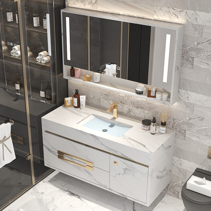 Single Sink Bathroom Vanity Wall Mount 2 Drawers Stone Rectangular with Mirror White Clearhalo 'Bathroom Remodel & Bathroom Fixtures' 'Bathroom Vanities' 'bathroom_vanities' 'Home Improvement' 'home_improvement' 'home_improvement_bathroom_vanities' 8061049