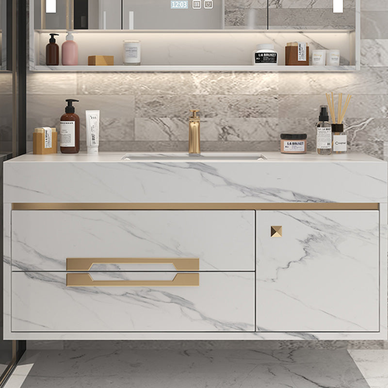 Single Sink Bathroom Vanity Wall Mount 2 Drawers Stone Rectangular with Mirror Clearhalo 'Bathroom Remodel & Bathroom Fixtures' 'Bathroom Vanities' 'bathroom_vanities' 'Home Improvement' 'home_improvement' 'home_improvement_bathroom_vanities' 8061052