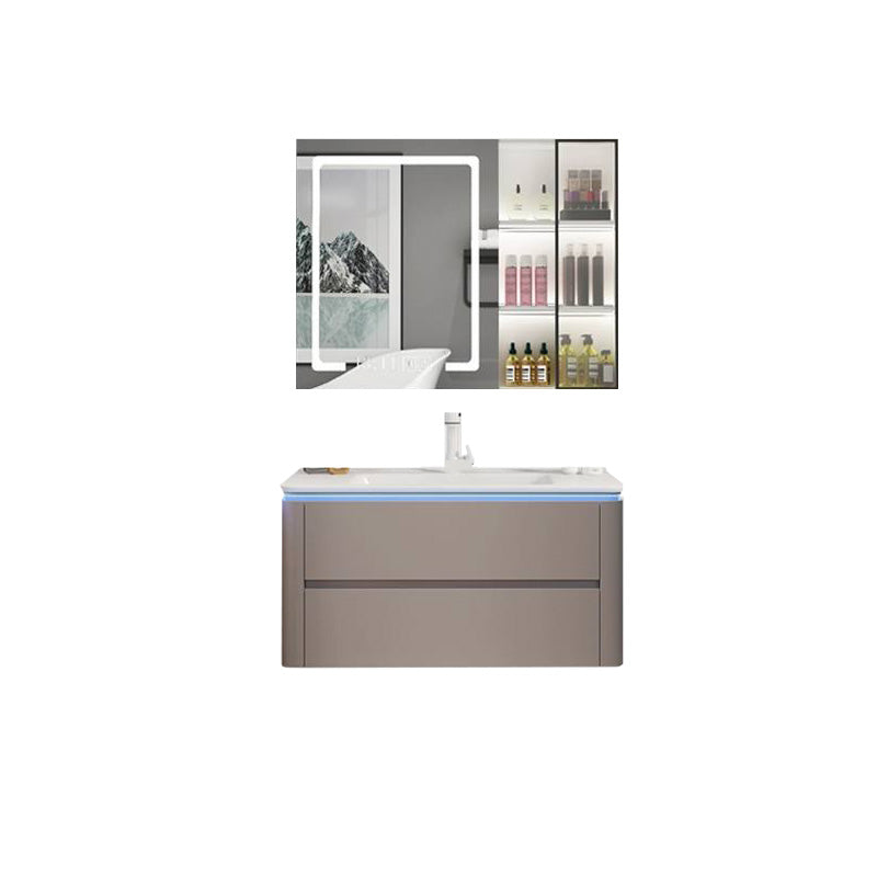 Modern Sink Vanity Ceramic Top Wall-Mounted with Soft Close Door Vanity & Faucet & Mirror Cabinet with Glass Door 32"L x 18"W x 20"H Smart Control Included Clearhalo 'Bathroom Remodel & Bathroom Fixtures' 'Bathroom Vanities' 'bathroom_vanities' 'Home Improvement' 'home_improvement' 'home_improvement_bathroom_vanities' 8061080