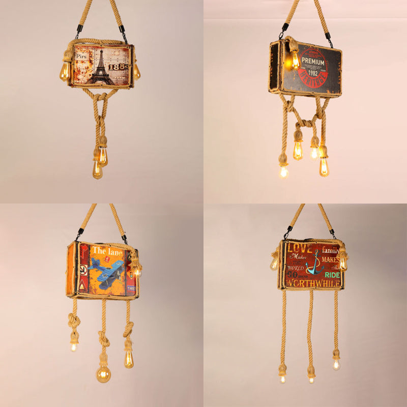 Four-bulb Chandelier Wood Luggage Vintage Pendant Light in Beige for Coffee Shop Clearhalo 'Ceiling Lights' 'Chandeliers' Lighting' options 80632