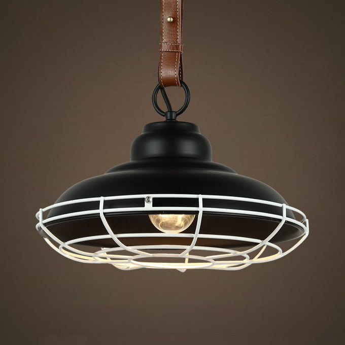 1 Head Pendant Light Vintage Bowl Shade Metallic Ceiling Fixture with Wire Guard and Leather Strap in Black/White Clearhalo 'Art Deco Pendants' 'Black' 'Cast Iron' 'Ceiling Lights' 'Ceramic' 'Crystal' 'Industrial Pendants' 'Industrial' 'Metal' 'Middle Century Pendants' 'Pendant Lights' 'Pendants' 'Rustic Pendants' 'Tiffany' Lighting' 80753