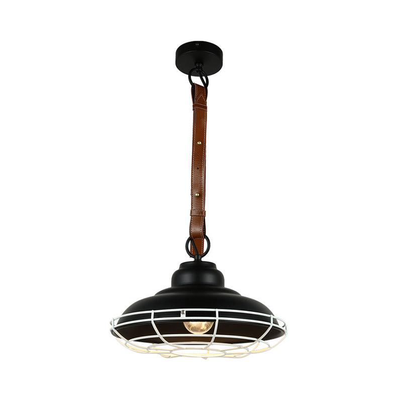 1 Head Pendant Light Vintage Bowl Shade Metallic Ceiling Fixture with Wire Guard and Leather Strap in Black/White Black Clearhalo 'Art Deco Pendants' 'Black' 'Cast Iron' 'Ceiling Lights' 'Ceramic' 'Crystal' 'Industrial Pendants' 'Industrial' 'Metal' 'Middle Century Pendants' 'Pendant Lights' 'Pendants' 'Rustic Pendants' 'Tiffany' Lighting' 80754