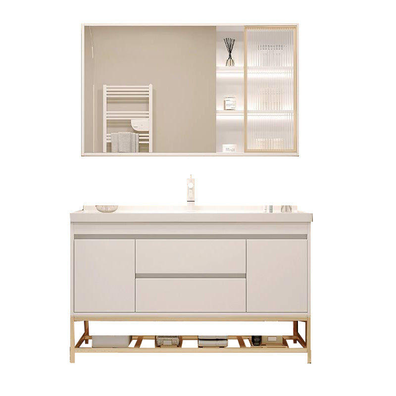 White Bathroom Vanity Wood Frame Mirror Waterproof Single Sink Overflow with 2 Drawers 40.2"L x 18.9"W x 31.5"H Clearhalo 'Bathroom Remodel & Bathroom Fixtures' 'Bathroom Vanities' 'bathroom_vanities' 'Home Improvement' 'home_improvement' 'home_improvement_bathroom_vanities' 8080635