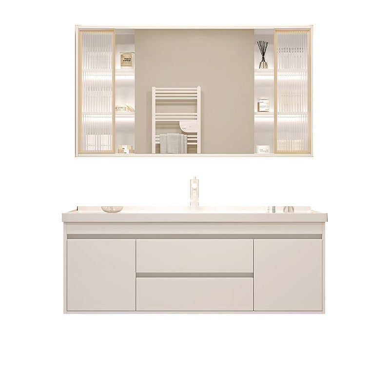 White Bathroom Vanity Wood Frame Mirror Waterproof Single Sink Overflow with 2 Drawers 44"L x 19"W x 20"H Clearhalo 'Bathroom Remodel & Bathroom Fixtures' 'Bathroom Vanities' 'bathroom_vanities' 'Home Improvement' 'home_improvement' 'home_improvement_bathroom_vanities' 8080638