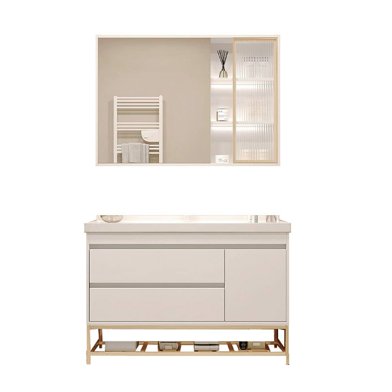 White Bathroom Vanity Wood Frame Mirror Waterproof Single Sink Overflow with 2 Drawers 32"L x 19"W x 31"H Clearhalo 'Bathroom Remodel & Bathroom Fixtures' 'Bathroom Vanities' 'bathroom_vanities' 'Home Improvement' 'home_improvement' 'home_improvement_bathroom_vanities' 8080641