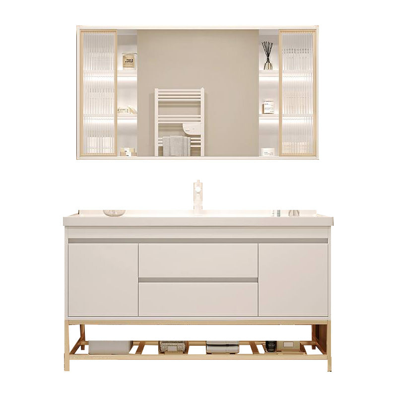 White Bathroom Vanity Wood Frame Mirror Waterproof Single Sink Overflow with 2 Drawers 44"L x 19"W x 31"H Clearhalo 'Bathroom Remodel & Bathroom Fixtures' 'Bathroom Vanities' 'bathroom_vanities' 'Home Improvement' 'home_improvement' 'home_improvement_bathroom_vanities' 8080645