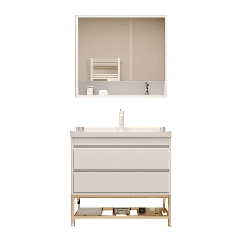 White Bathroom Vanity Wood Frame Mirror Waterproof Single Sink Overflow with 2 Drawers 24"L x 19"W x 31"H Clearhalo 'Bathroom Remodel & Bathroom Fixtures' 'Bathroom Vanities' 'bathroom_vanities' 'Home Improvement' 'home_improvement' 'home_improvement_bathroom_vanities' 8080647