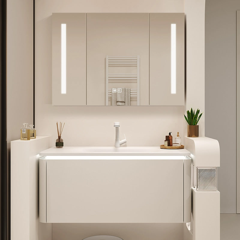 White Bathroom Vanity Stain Resistant Wood Frame Mirror Wall Mount with Faucet Clearhalo 'Bathroom Remodel & Bathroom Fixtures' 'Bathroom Vanities' 'bathroom_vanities' 'Home Improvement' 'home_improvement' 'home_improvement_bathroom_vanities' 8080952