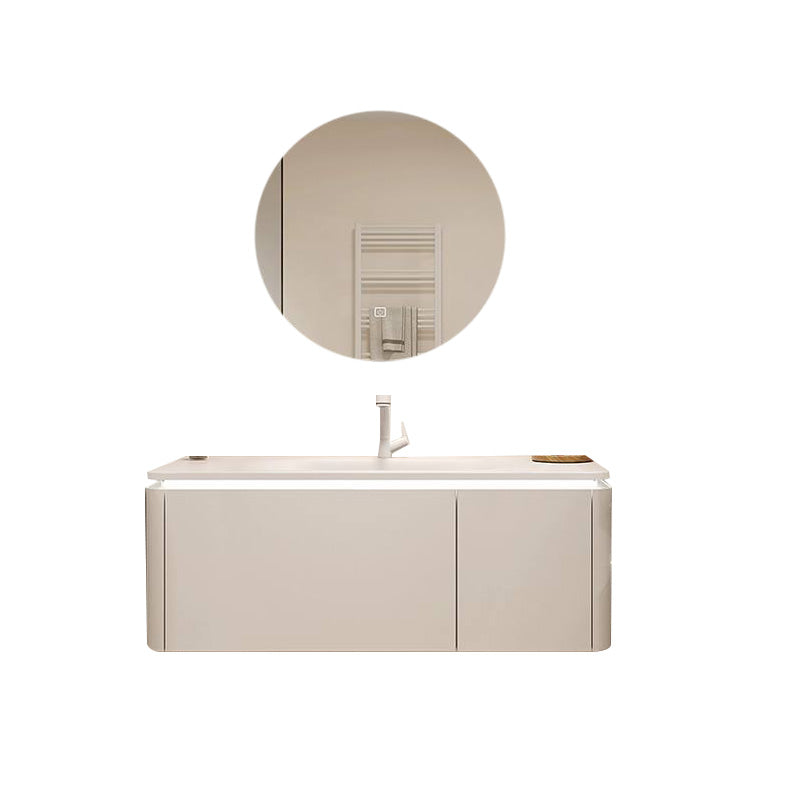 White Bathroom Vanity Stain Resistant Wood Frame Mirror Wall Mount with Faucet Vanity & Faucet & Round Mirror 43.3"L x 19.7"W x 19.7"H Clearhalo 'Bathroom Remodel & Bathroom Fixtures' 'Bathroom Vanities' 'bathroom_vanities' 'Home Improvement' 'home_improvement' 'home_improvement_bathroom_vanities' 8080969