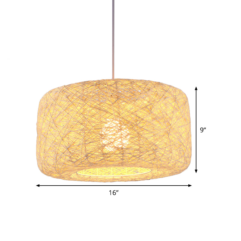 Flaxen Drum Ceiling Hanging Lantern Chinese 16/23.5 Inches Wide 1-Light Bamboo Down Lighting Pendant Clearhalo 'Ceiling Lights' 'Pendant Lights' 'Pendants' Lighting' 808098