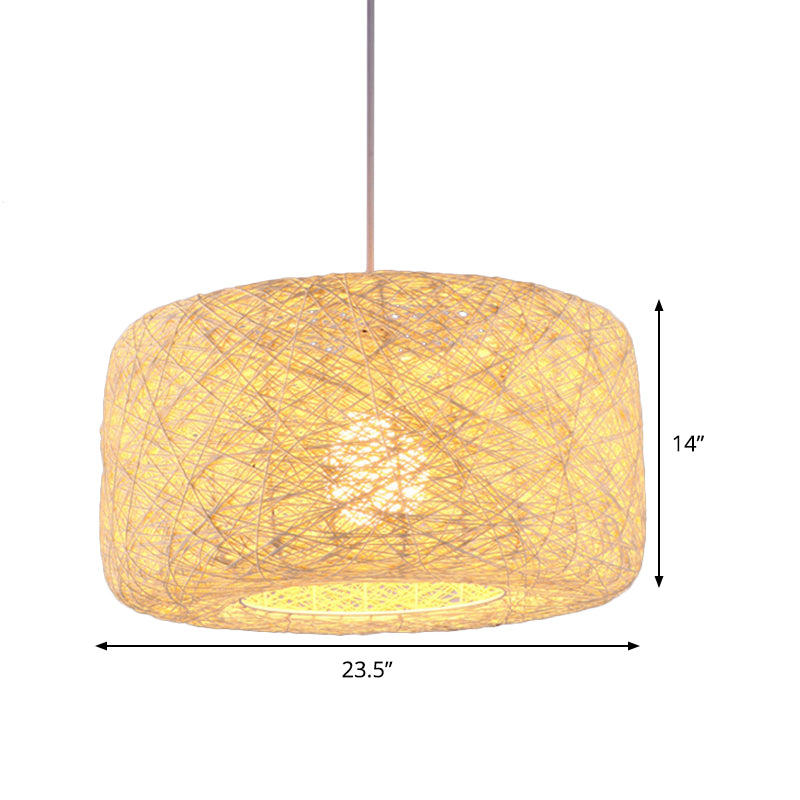 Flaxen Drum Ceiling Hanging Lantern Chinese 16/23.5 Inches Wide 1-Light Bamboo Down Lighting Pendant Clearhalo 'Ceiling Lights' 'Pendant Lights' 'Pendants' Lighting' 808099