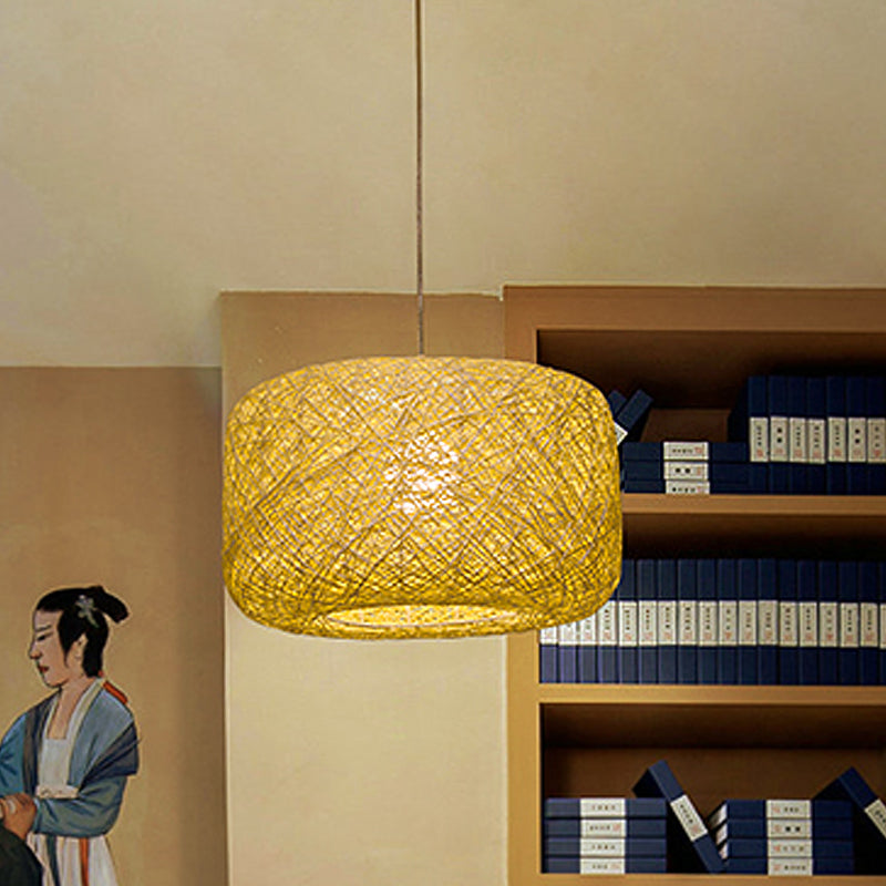 Drum Shaped Pendant Light Fixture Asian Rattan 1 Bulb Parlor Hanging Lamp Kit in Flaxen Clearhalo 'Ceiling Lights' 'Pendant Lights' 'Pendants' Lighting' 808111