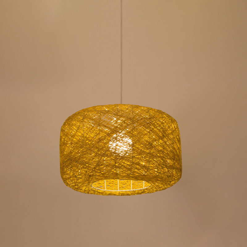 Drum Shaped Pendant Light Fixture Asian Rattan 1 Bulb Parlor Hanging Lamp Kit in Flaxen Clearhalo 'Ceiling Lights' 'Pendant Lights' 'Pendants' Lighting' 808114