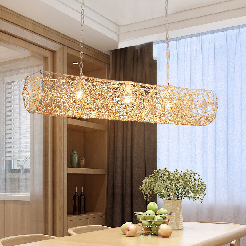 White Piping Horizontal Suspension Light Contemporary 3-Light Bamboo Rattan Chandelier Pendant Light Clearhalo 'Ceiling Lights' 'Chandeliers' Lighting' options 808117