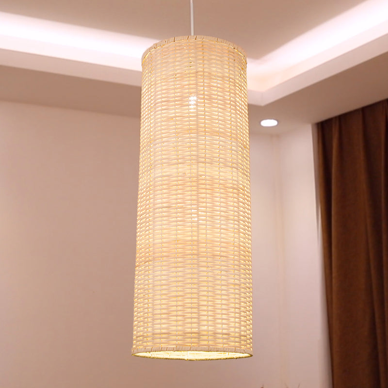 Minimalist Column Hanging Light Bamboo Rattan 1 Head Living Room Ceiling Pendant in Beige Clearhalo 'Ceiling Lights' 'Pendant Lights' 'Pendants' Lighting' 808131