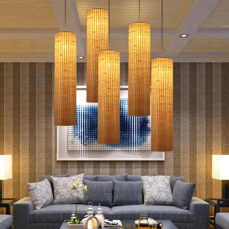 Minimalist Column Hanging Light Bamboo Rattan 1 Head Living Room Ceiling Pendant in Beige Clearhalo 'Ceiling Lights' 'Pendant Lights' 'Pendants' Lighting' 808132