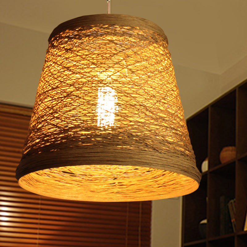 Bamboo Rattan Bucket Pendant Light Rural Single Flaxen Hanging Lamp Kit for Restaurant Clearhalo 'Ceiling Lights' 'Pendant Lights' 'Pendants' Lighting' 808136