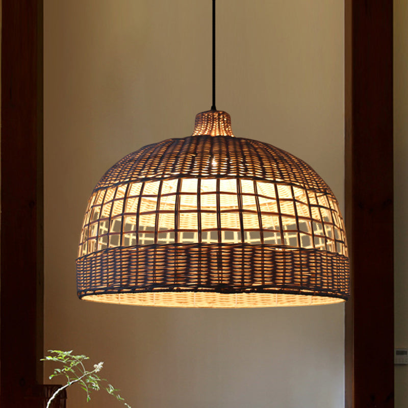 Beige Gridded Bowl Drop Pendant Countryside 1 Bulb Bamboo Ceiling Suspension Lamp over Table Clearhalo 'Ceiling Lights' 'Pendant Lights' 'Pendants' Lighting' 808151