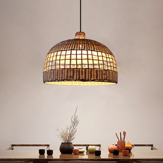 Beige Gridded Bowl Drop Pendant Countryside 1 Bulb Bamboo Ceiling Suspension Lamp over Table Clearhalo 'Ceiling Lights' 'Pendant Lights' 'Pendants' Lighting' 808152