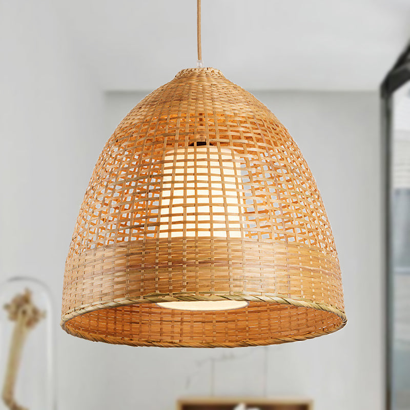 Grid Bell Living Room Hanging Lamp Bamboo Single-Bulb Asian Suspension Pendant Light in Beige Clearhalo 'Ceiling Lights' 'Pendant Lights' 'Pendants' Lighting' 808161