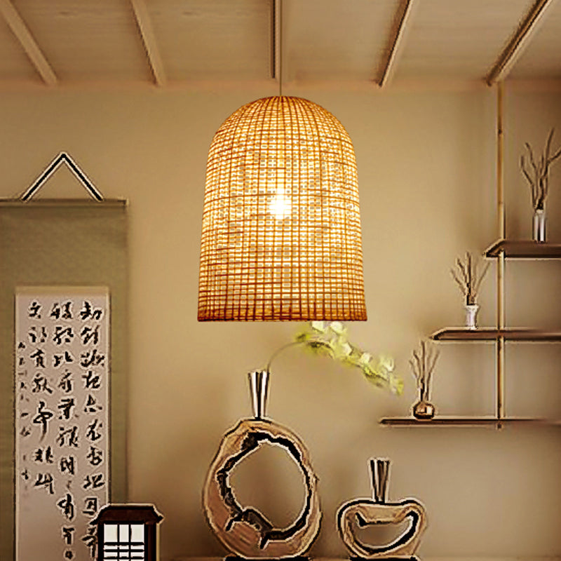 1-Light Restaurant Ceiling Pendant Chinese Beige Pendant Lighting with Elongated Grid Bamboo Shade Clearhalo 'Ceiling Lights' 'Pendant Lights' 'Pendants' Lighting' 808171