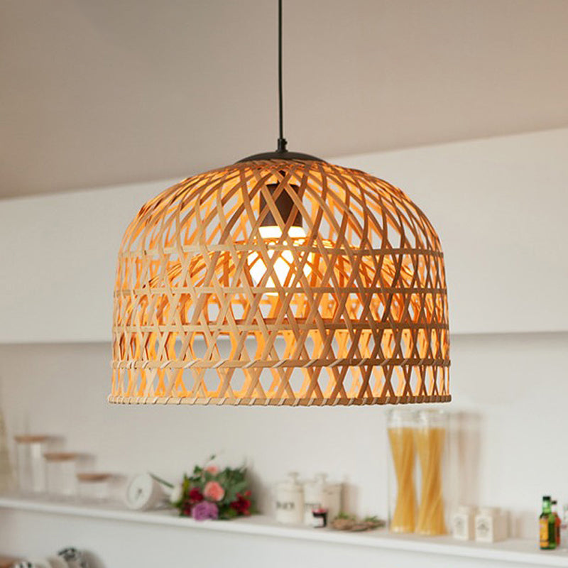 Asia 2-Layer Bowl Pendant Lighting Cross Woven Bamboo 1-Light Kitchen Ceiling Lamp in Beige Beige Clearhalo 'Ceiling Lights' 'Pendant Lights' 'Pendants' Lighting' 808213_ca8781d7-f32f-467e-b6bb-9fde3f8fa5cf