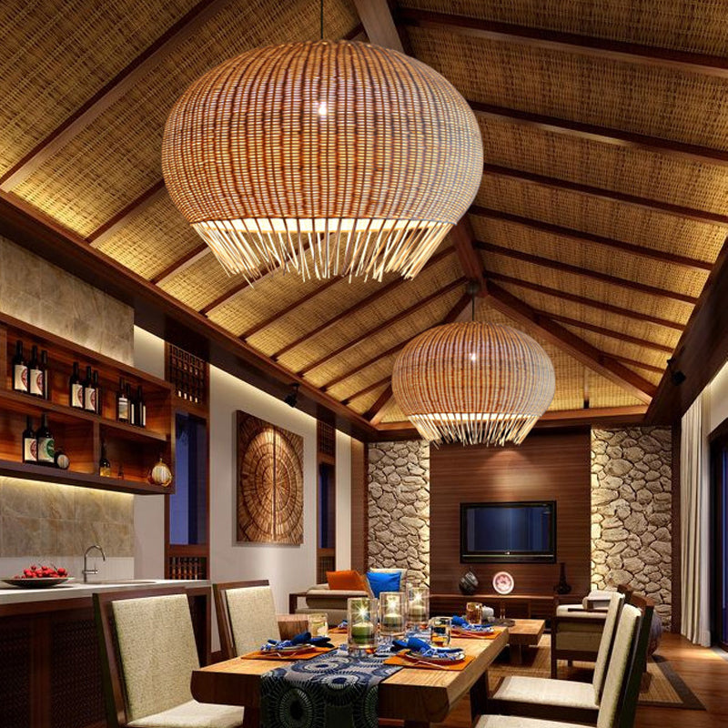 Sphere Dining Hall Hanging Pendant Bamboo 1 Bulb Asian Suspension Lighting with Fringe in Beige Beige Clearhalo 'Ceiling Lights' 'Pendant Lights' 'Pendants' Lighting' 808223_a81958ab-2561-4784-a3df-ff109e25d70d