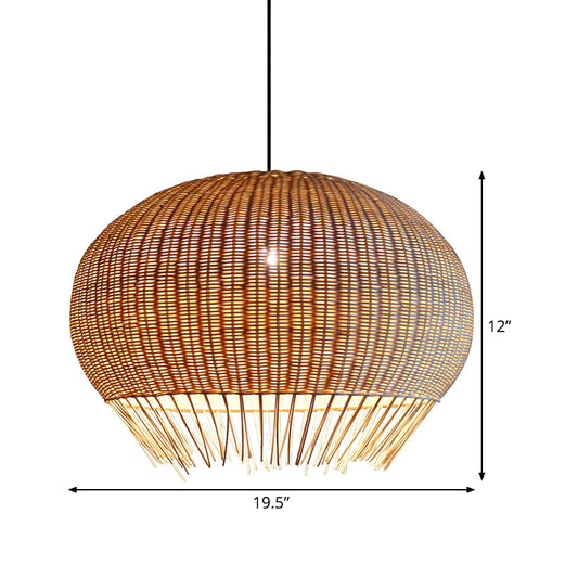Sphere Dining Hall Hanging Pendant Bamboo 1 Bulb Asian Suspension Lighting with Fringe in Beige Clearhalo 'Ceiling Lights' 'Pendant Lights' 'Pendants' Lighting' 808227