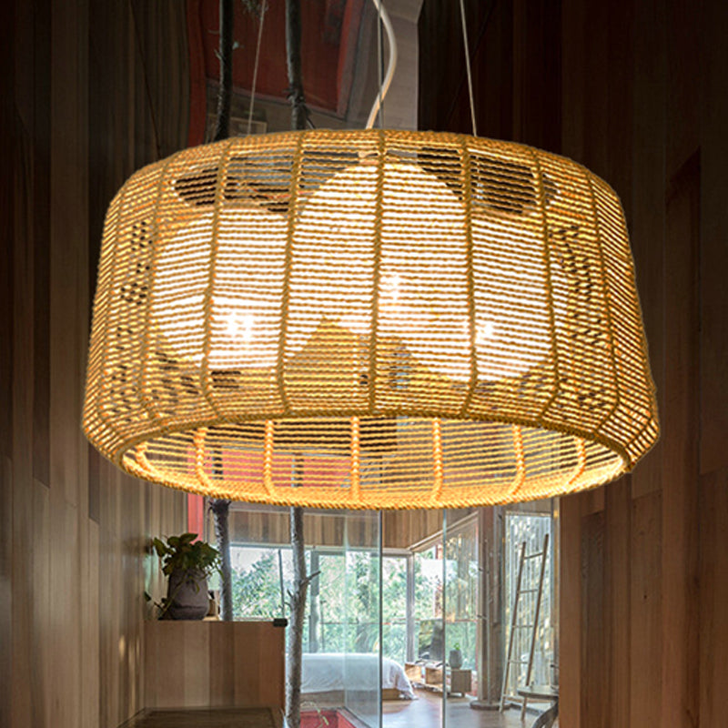 3-Light Guest Room Ceiling Chandelier Chinese Beige Pendant Light with Drum Bamboo Cage Clearhalo 'Ceiling Lights' 'Chandeliers' Lighting' options 808233