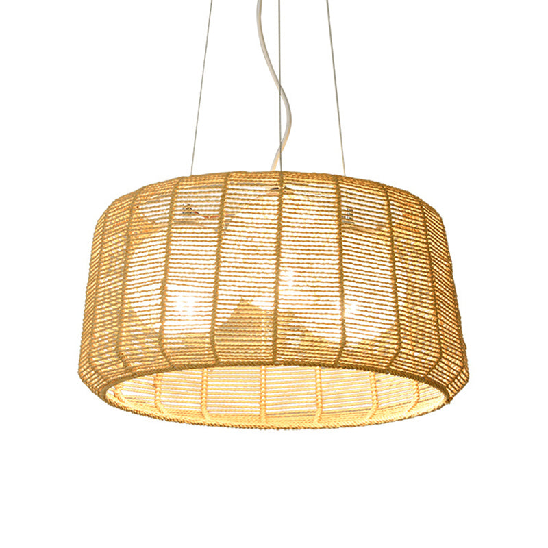 3-Light Guest Room Ceiling Chandelier Chinese Beige Pendant Light with Drum Bamboo Cage Clearhalo 'Ceiling Lights' 'Chandeliers' Lighting' options 808235